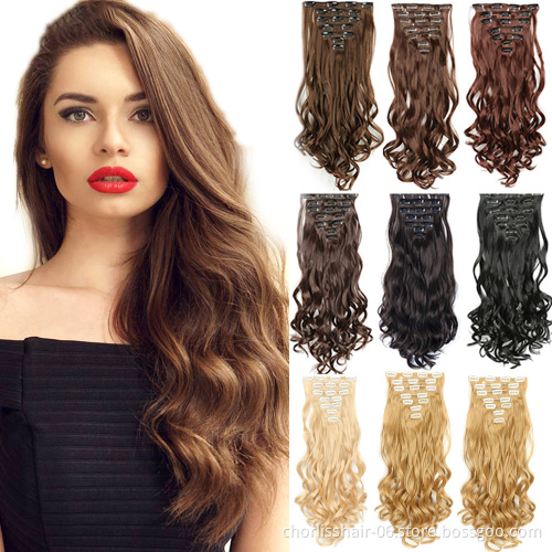 Wholesale 22inch Cheap Blue Ombre Long Silky Straight 7Pcs 16 Clips Heat Resistant Synthetic Clip In Hair Extension For Women